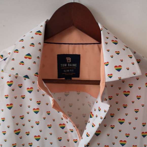 Tom Baine Mens All-over Rainbow Hearts Button Down Slim Fit Medium Neck 15-15.5 - Picture 2 of 7